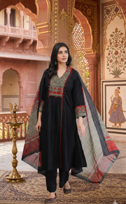 Black Ajrakh Jaipur Cotton Kurti With Pant And Dupatta Set. Pure Versatile Cotton. | Laces and Frills - Laces and Frills