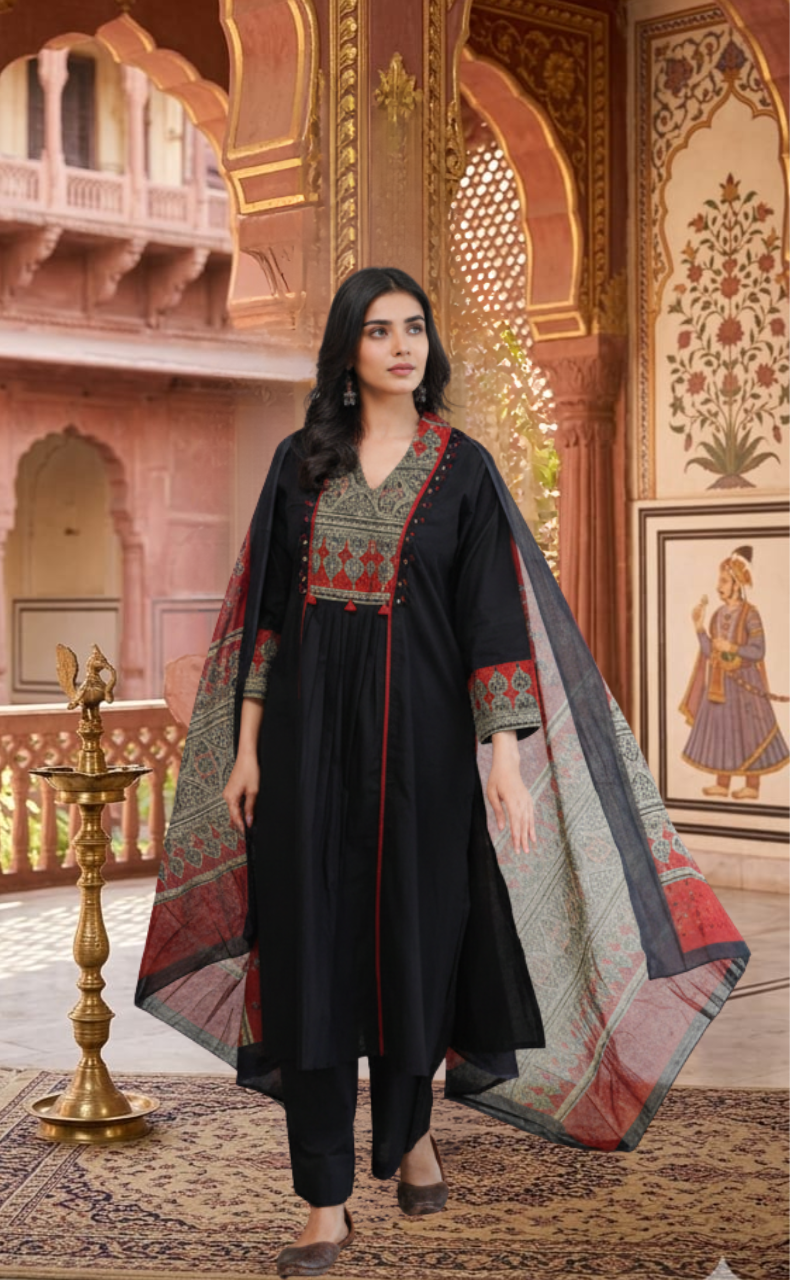Black Ajrakh Jaipur Cotton Kurti With Pant And Dupatta Set. Pure Versatile Cotton. | Laces and Frills - Laces and Frills