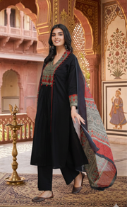 Black Ajrakh Jaipur Cotton Kurti With Pant And Dupatta Set. Pure Versatile Cotton. | Laces and Frills - Laces and Frills