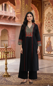 Black Ajrakh Jaipur Cotton Kurti With Pant And Dupatta Set. Pure Versatile Cotton. | Laces and Frills - Laces and Frills