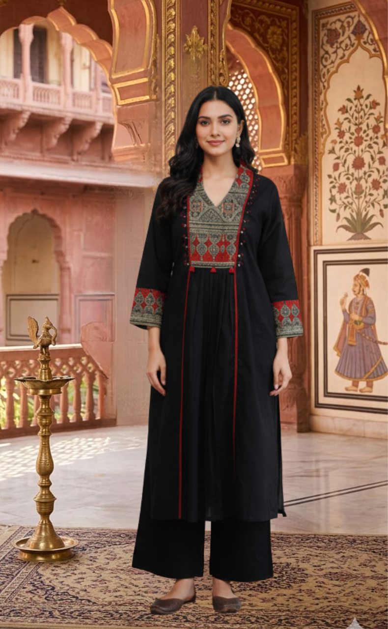 Black Ajrakh Jaipur Cotton Kurti With Pant And Dupatta Set. Pure Versatile Cotton. | Laces and Frills - Laces and Frills