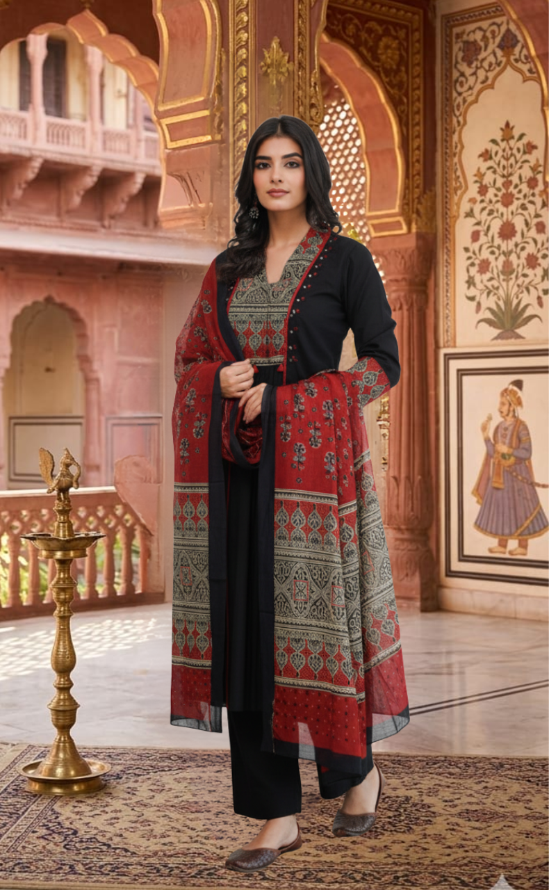 Black Ajrakh Jaipur Cotton Kurti With Pant And Dupatta Set. Pure Versatile Cotton. | Laces and Frills - Laces and Frills