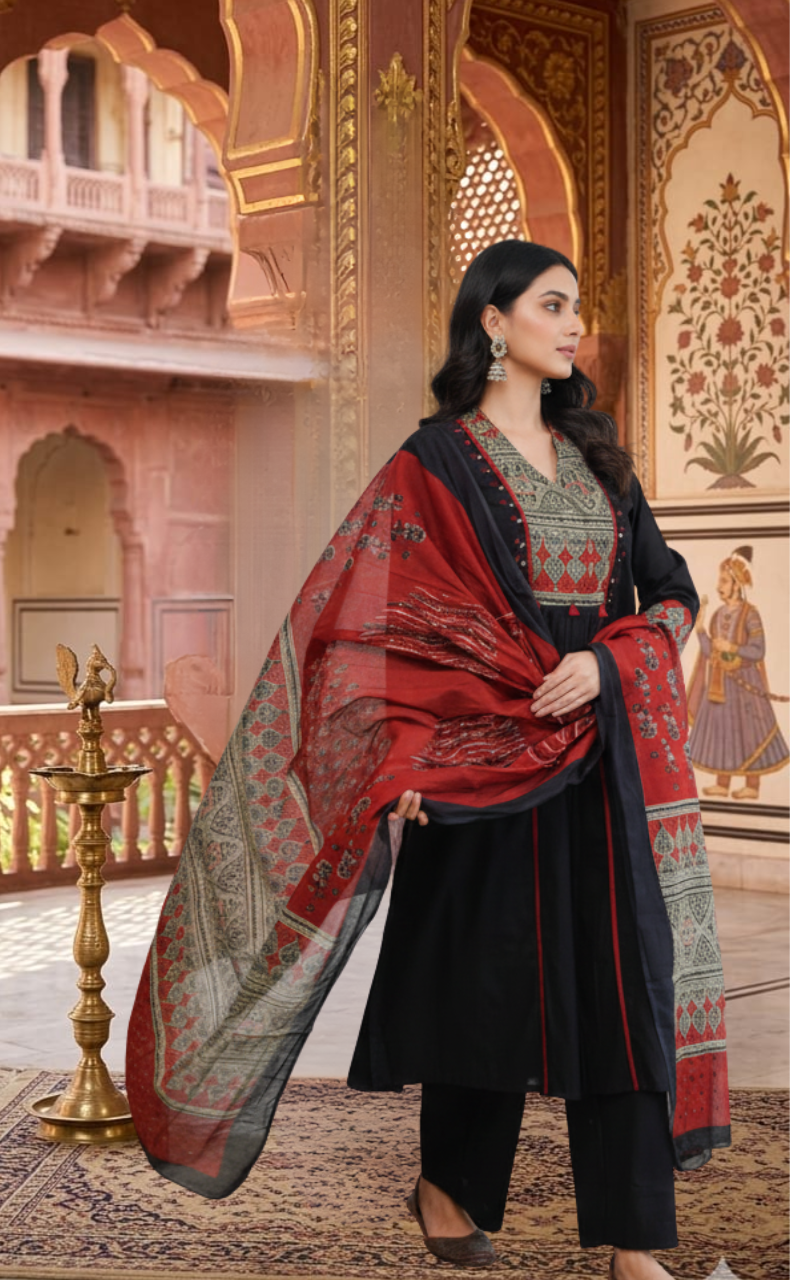 Black Ajrakh Jaipur Cotton Kurti With Pant And Dupatta Set. Pure Versatile Cotton. | Laces and Frills - Laces and Frills