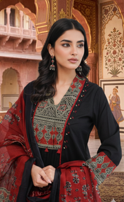 Black Ajrakh Jaipur Cotton Kurti With Pant And Dupatta Set. Pure Versatile Cotton. | Laces and Frills - Laces and Frills