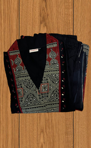 Black Ajrakh Jaipur Cotton Kurti With Pant And Dupatta Set. Pure Versatile Cotton. | Laces and Frills - Laces and Frills