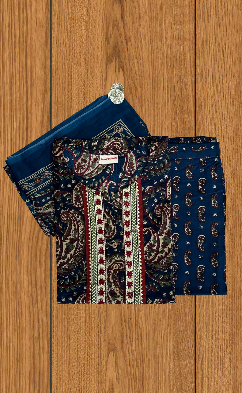 Blue Paisley Print Jaipur Cotton Kurti With Pant And Dupatta Set. Pure Versatile Cotton. | Laces and Frills