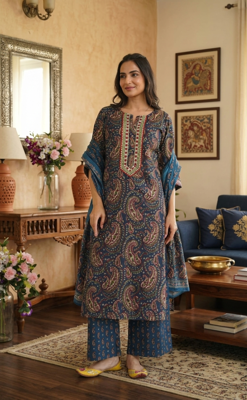 Blue Paisley Print Jaipur Cotton Kurti With Pant And Dupatta Set. Pure Versatile Cotton. | Laces and Frills