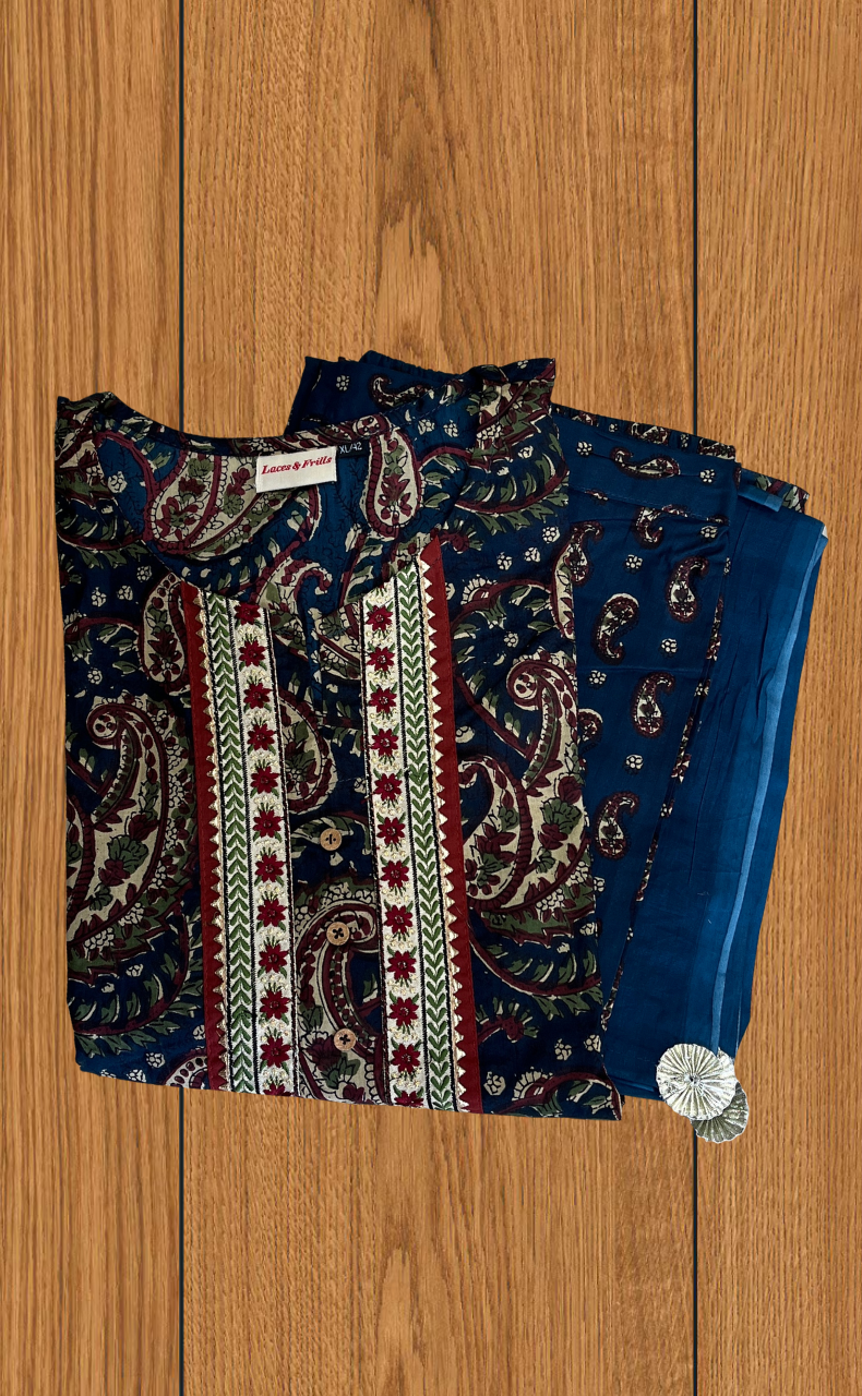 Blue Paisley Print Jaipur Cotton Kurti With Pant And Dupatta Set. Pure Versatile Cotton. | Laces and Frills