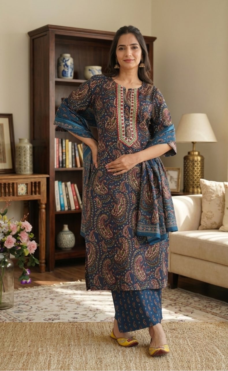 Blue Paisley Print Jaipur Cotton Kurti With Pant And Dupatta Set. Pure Versatile Cotton. | Laces and Frills