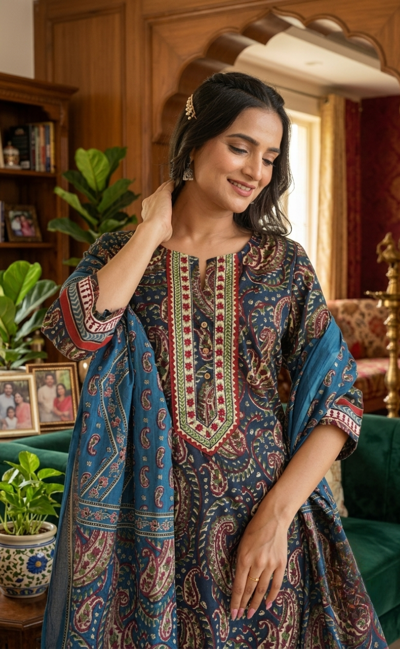 Blue Paisley Print Jaipur Cotton Kurti With Pant And Dupatta Set. Pure Versatile Cotton. | Laces and Frills