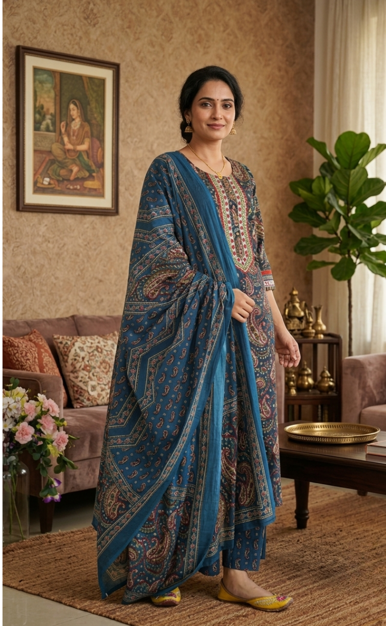 Blue Paisley Print Jaipur Cotton Kurti With Pant And Dupatta Set. Pure Versatile Cotton. | Laces and Frills