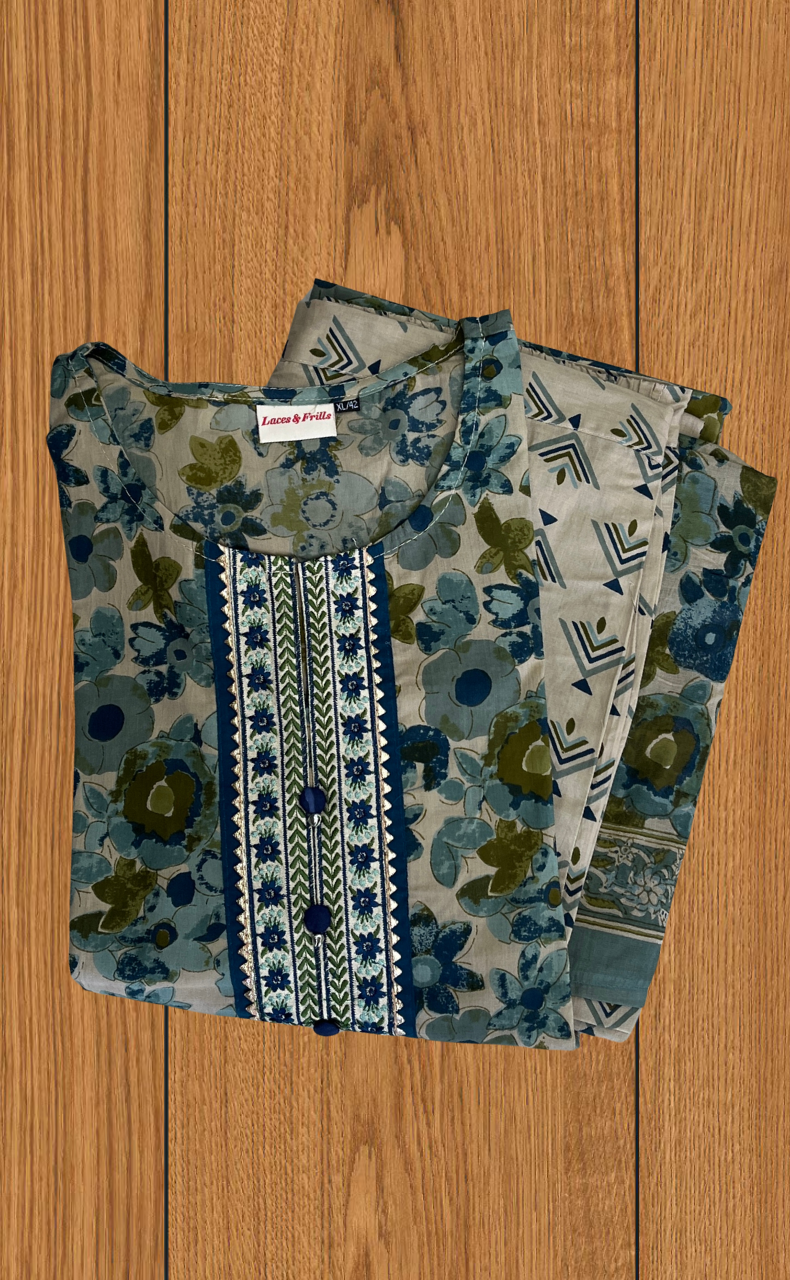 Indigo Blue Flora Jaipur Cotton Kurti With Pant And Dupatta Set. Pure Versatile Cotton. | Laces and Frills
