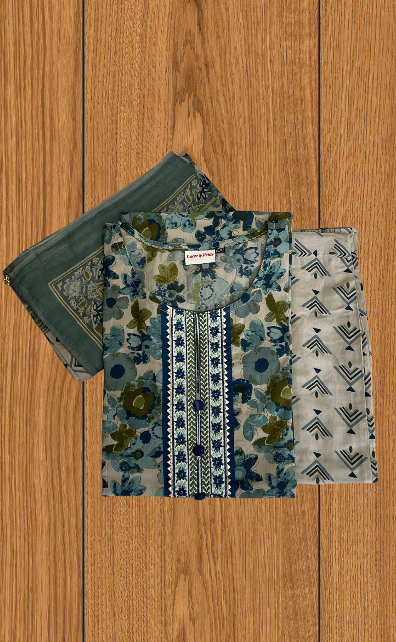 Indigo Blue Flora Jaipur Cotton Kurti With Pant And Dupatta Set. Pure Versatile Cotton. | Laces and Frills