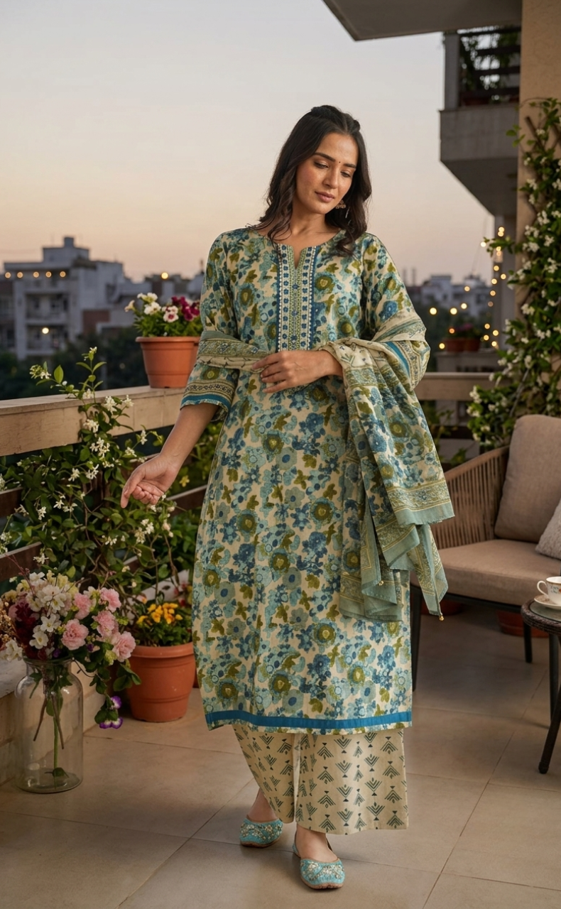 Indigo Blue Flora Jaipur Cotton Kurti With Pant And Dupatta Set. Pure Versatile Cotton. | Laces and Frills