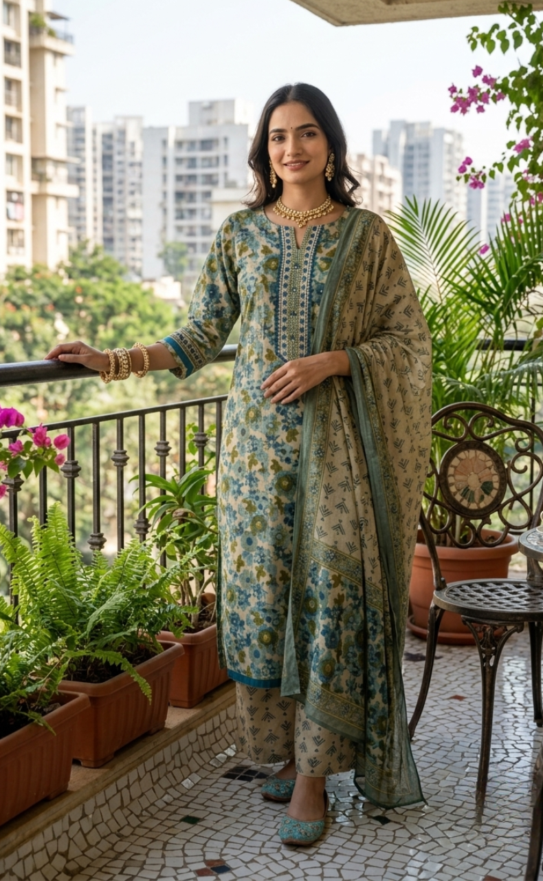 Indigo Blue Flora Jaipur Cotton Kurti With Pant And Dupatta Set. Pure Versatile Cotton. | Laces and Frills