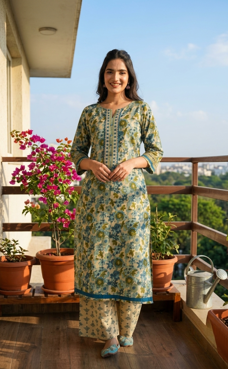 Indigo Blue Flora Jaipur Cotton Kurti With Pant And Dupatta Set. Pure Versatile Cotton. | Laces and Frills