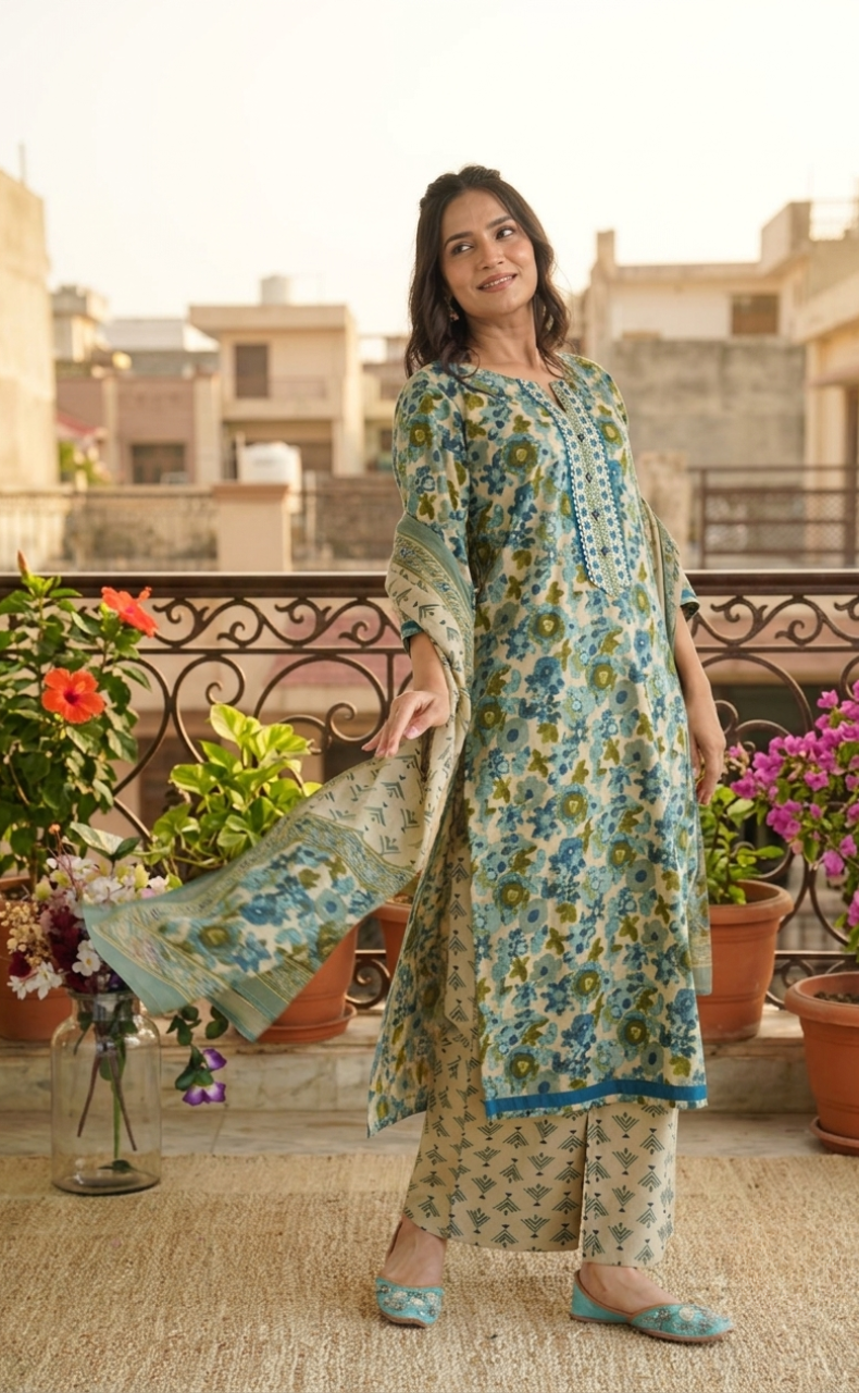 Indigo Blue Flora Jaipur Cotton Kurti With Pant And Dupatta Set. Pure Versatile Cotton. | Laces and Frills