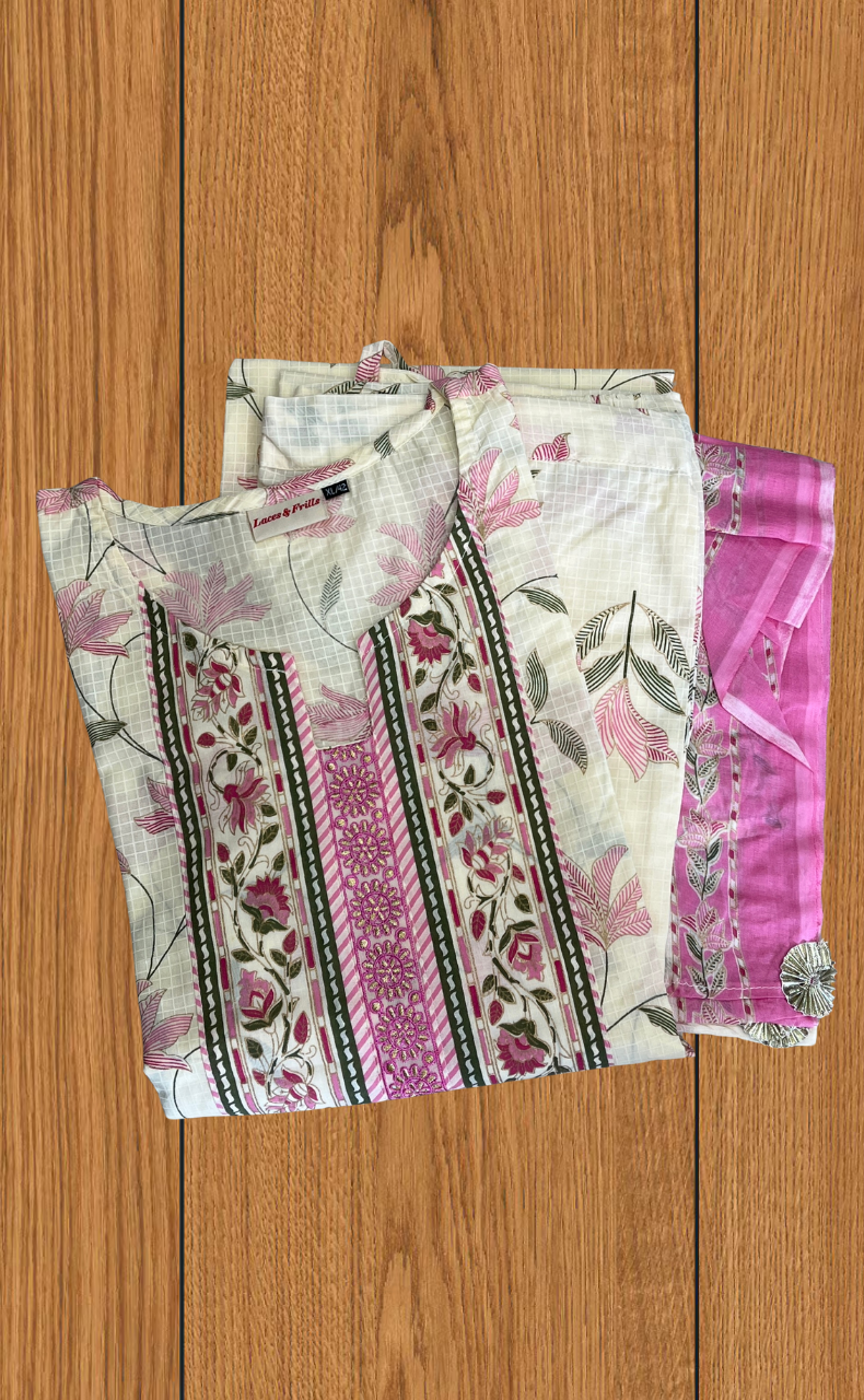Pink Flora Jaipur Cotton Kurti With Pant And Dupatta Set. Pure Versatile Cotton. | Laces and Frills