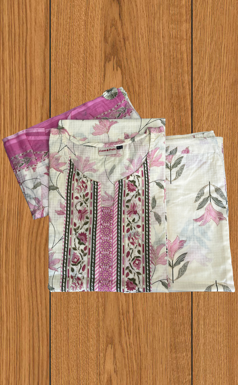 Pink Flora Jaipur Cotton Kurti With Pant And Dupatta Set. Pure Versatile Cotton. | Laces and Frills