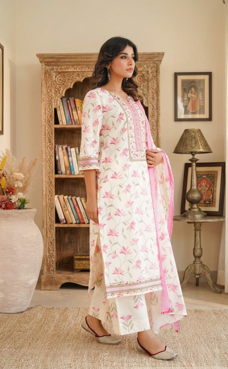 Pink Flora Jaipur Cotton Kurti With Pant And Dupatta Set. Pure Versatile Cotton. | Laces and Frills
