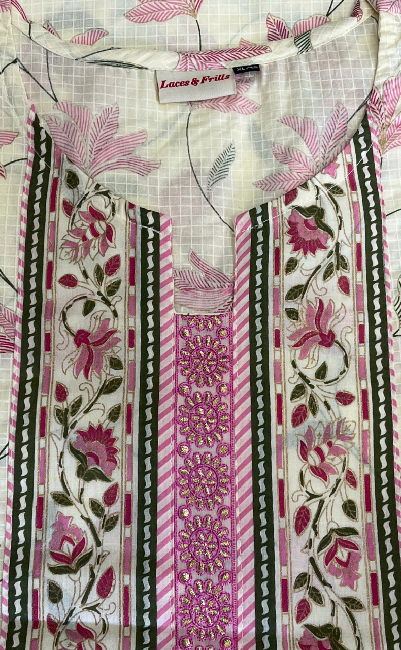 Pink Flora Jaipur Cotton Kurti With Pant And Dupatta Set. Pure Versatile Cotton. | Laces and Frills