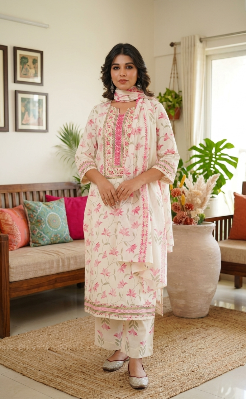 Pink Flora Jaipur Cotton Kurti With Pant And Dupatta Set. Pure Versatile Cotton. | Laces and Frills