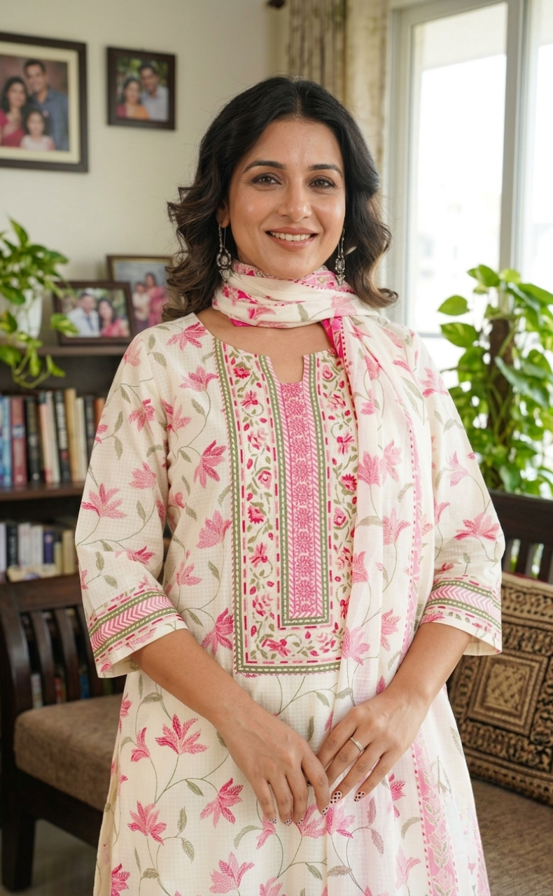 Pink Flora Jaipur Cotton Kurti With Pant And Dupatta Set. Pure Versatile Cotton. | Laces and Frills