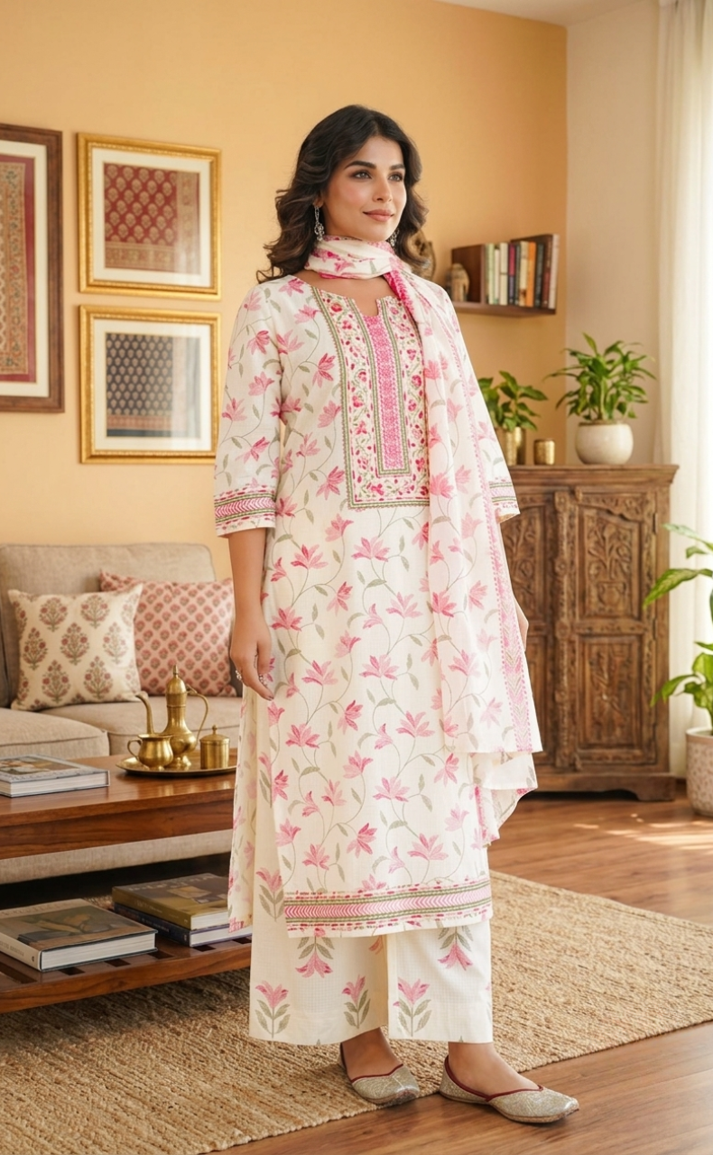 Pink Flora Jaipur Cotton Kurti With Pant And Dupatta Set. Pure Versatile Cotton. | Laces and Frills