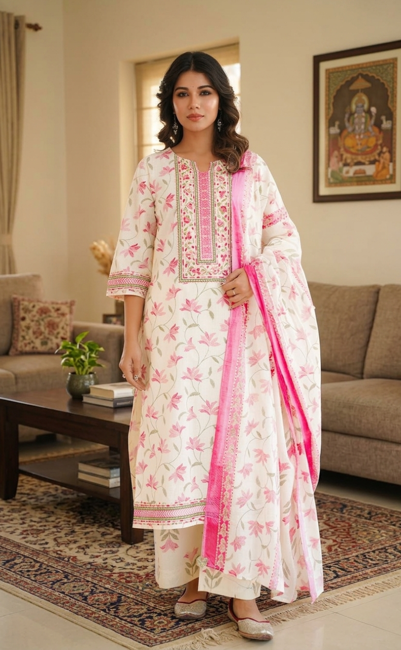 Pink Flora Jaipur Cotton Kurti With Pant And Dupatta Set. Pure Versatile Cotton. | Laces and Frills