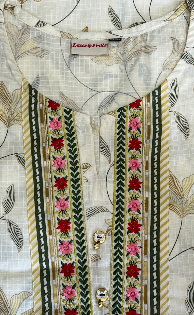 Off White Floral Jaipur Cotton Kurti With Pant And Dupatta Set. Pure Versatile Cotton. | Laces and Frills