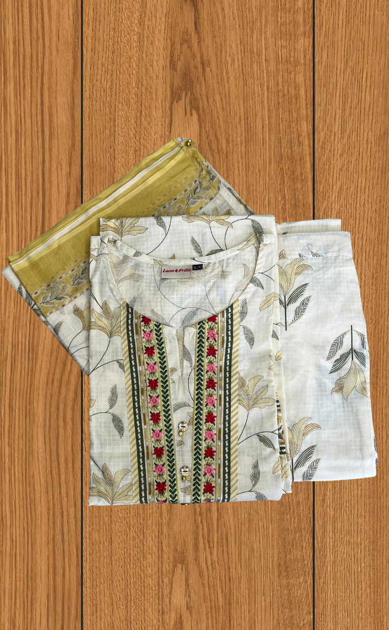 Off White Floral Jaipur Cotton Kurti With Pant And Dupatta Set. Pure Versatile Cotton. | Laces and Frills