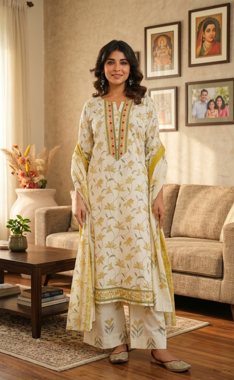 Off White Floral Jaipur Cotton Kurti With Pant And Dupatta Set. Pure Versatile Cotton. | Laces and Frills