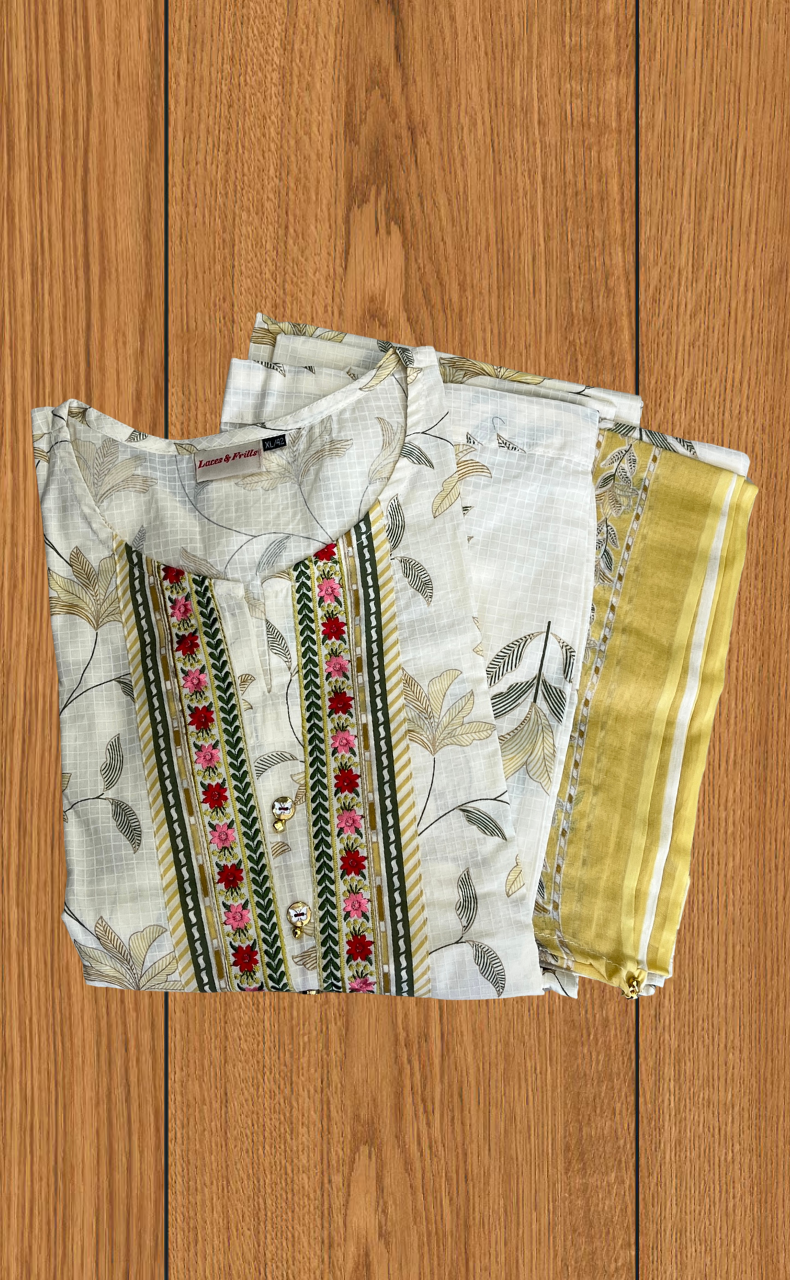 Off White Floral Jaipur Cotton Kurti With Pant And Dupatta Set. Pure Versatile Cotton. | Laces and Frills
