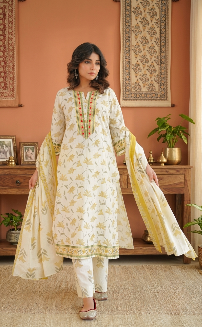 Off White Floral Jaipur Cotton Kurti With Pant And Dupatta Set. Pure Versatile Cotton. | Laces and Frills