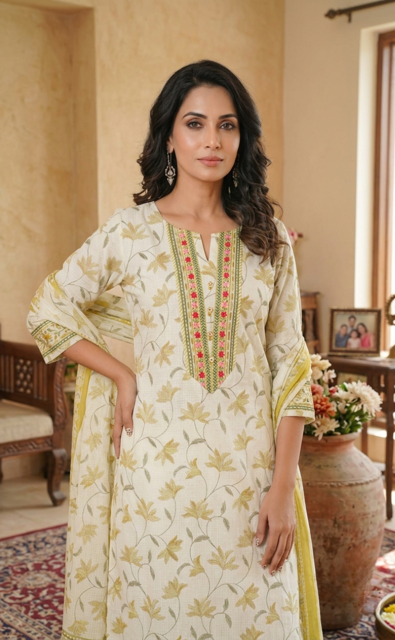Off White Floral Jaipur Cotton Kurti With Pant And Dupatta Set. Pure Versatile Cotton. | Laces and Frills
