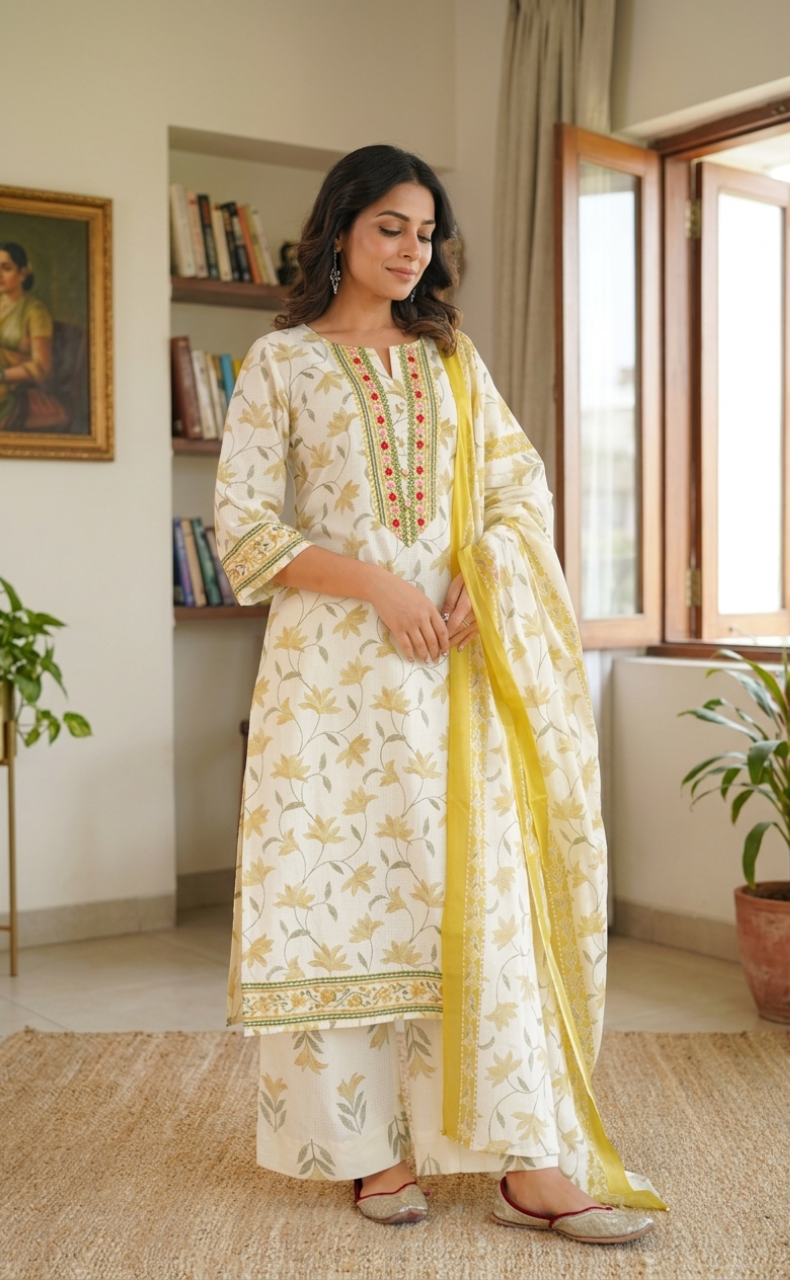 Off White Floral Jaipur Cotton Kurti With Pant And Dupatta Set. Pure Versatile Cotton. | Laces and Frills