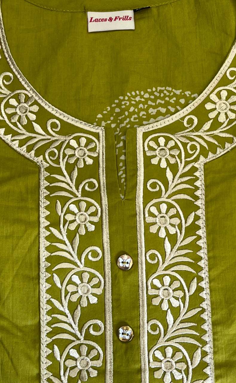Mehndi Green Floral Jaipur Cotton Kurti With Pant And Dupatta Set. Pure Versatile Cotton. | Laces and Frills
