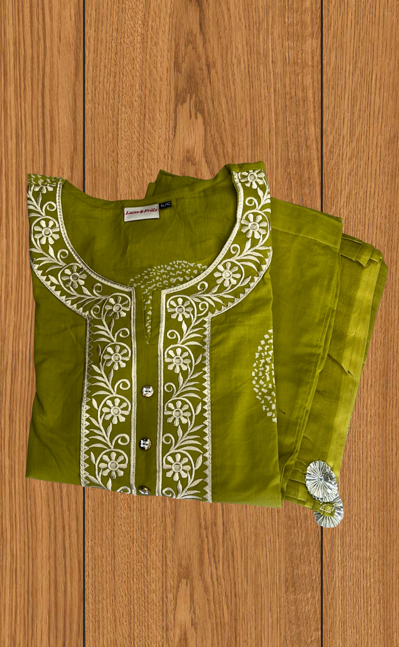 Mehndi Green Floral Jaipur Cotton Kurti With Pant And Dupatta Set. Pure Versatile Cotton. | Laces and Frills