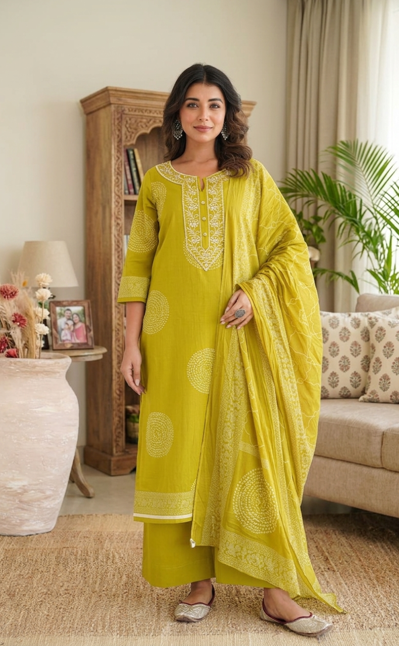 Mehndi Green Floral Jaipur Cotton Kurti With Pant And Dupatta Set. Pure Versatile Cotton. | Laces and Frills