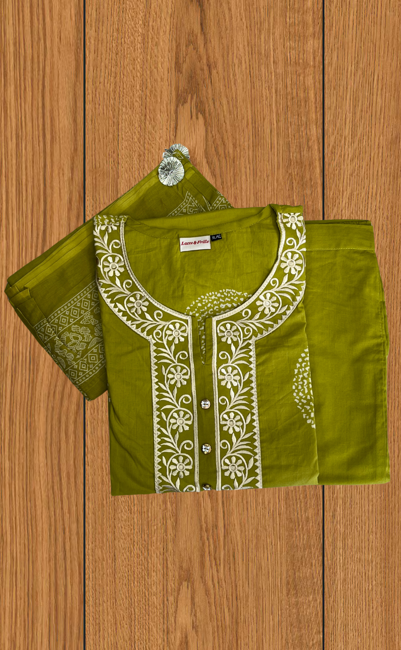Mehndi Green Floral Jaipur Cotton Kurti With Pant And Dupatta Set. Pure Versatile Cotton. | Laces and Frills