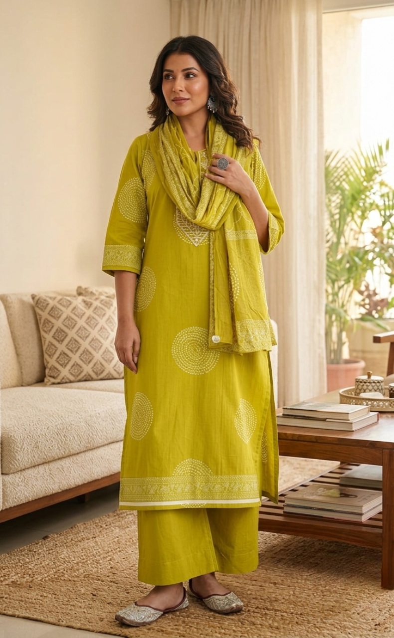 Mehndi Green Floral Jaipur Cotton Kurti With Pant And Dupatta Set. Pure Versatile Cotton. | Laces and Frills