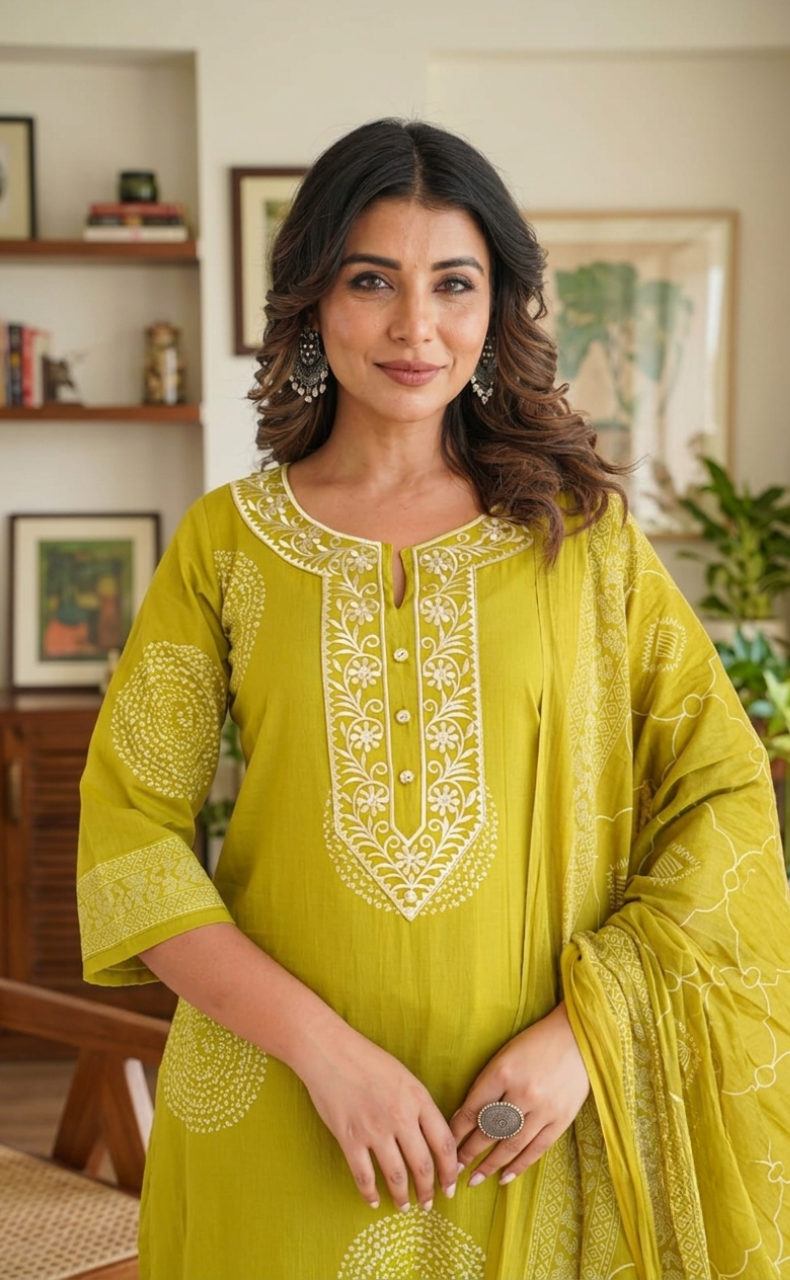 Mehndi Green Floral Jaipur Cotton Kurti With Pant And Dupatta Set. Pure Versatile Cotton. | Laces and Frills