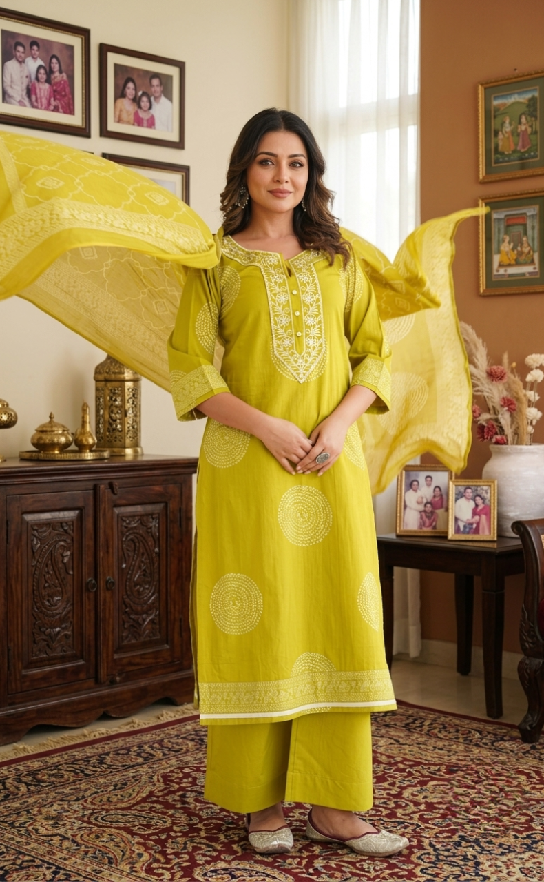 Mehndi Green Floral Jaipur Cotton Kurti With Pant And Dupatta Set. Pure Versatile Cotton. | Laces and Frills