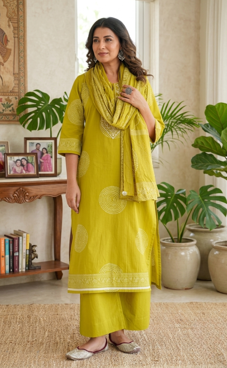 Mehndi Green Floral Jaipur Cotton Kurti With Pant And Dupatta Set. Pure Versatile Cotton. | Laces and Frills