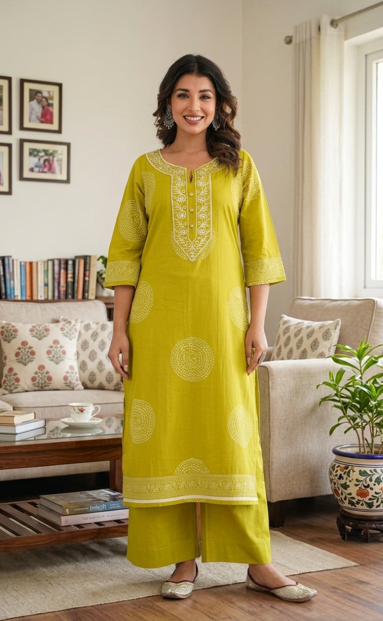Mehndi Green Floral Jaipur Cotton Kurti With Pant And Dupatta Set. Pure Versatile Cotton. | Laces and Frills