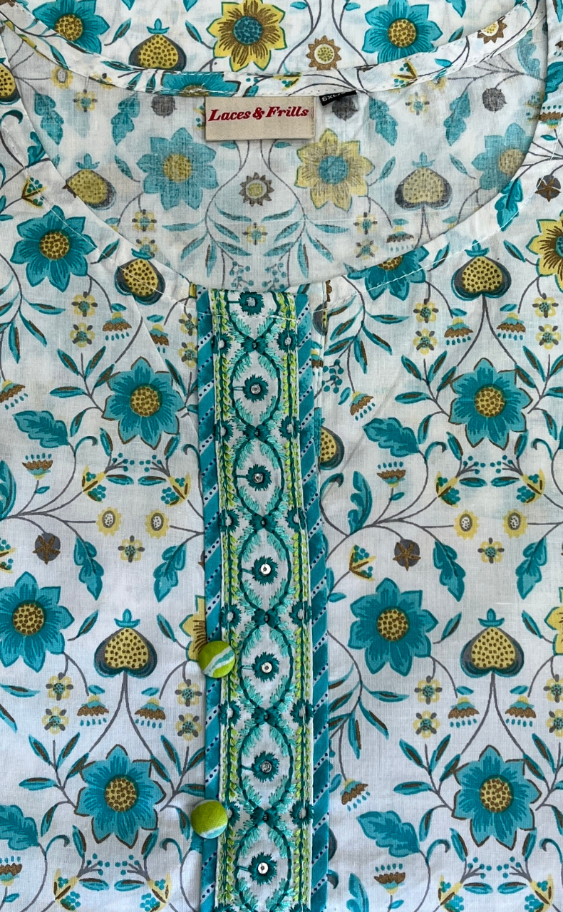 Sea Green Garden Jaipur Cotton Kurti With Pant And Dupatta Set. Pure Versatile Cotton. | Laces and Frills