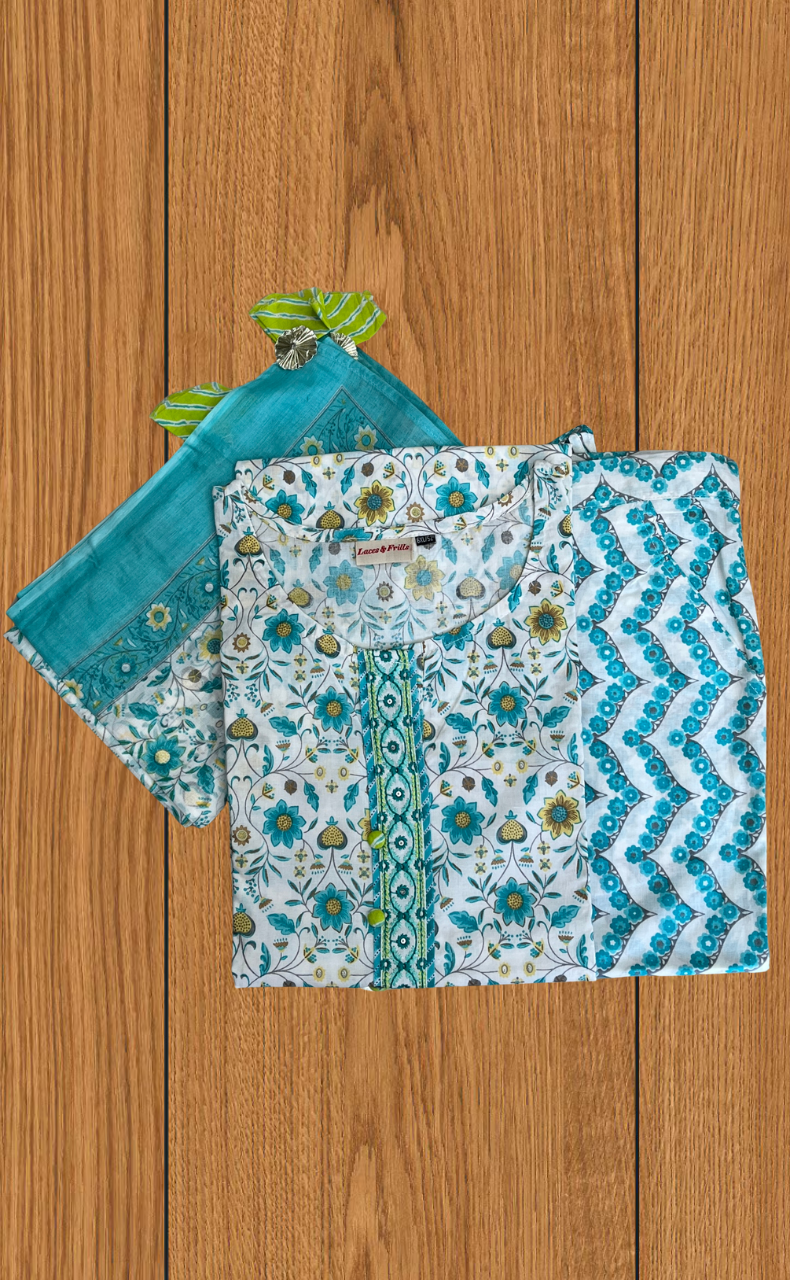 Sea Green Garden Jaipur Cotton Kurti With Pant And Dupatta Set. Pure Versatile Cotton. | Laces and Frills