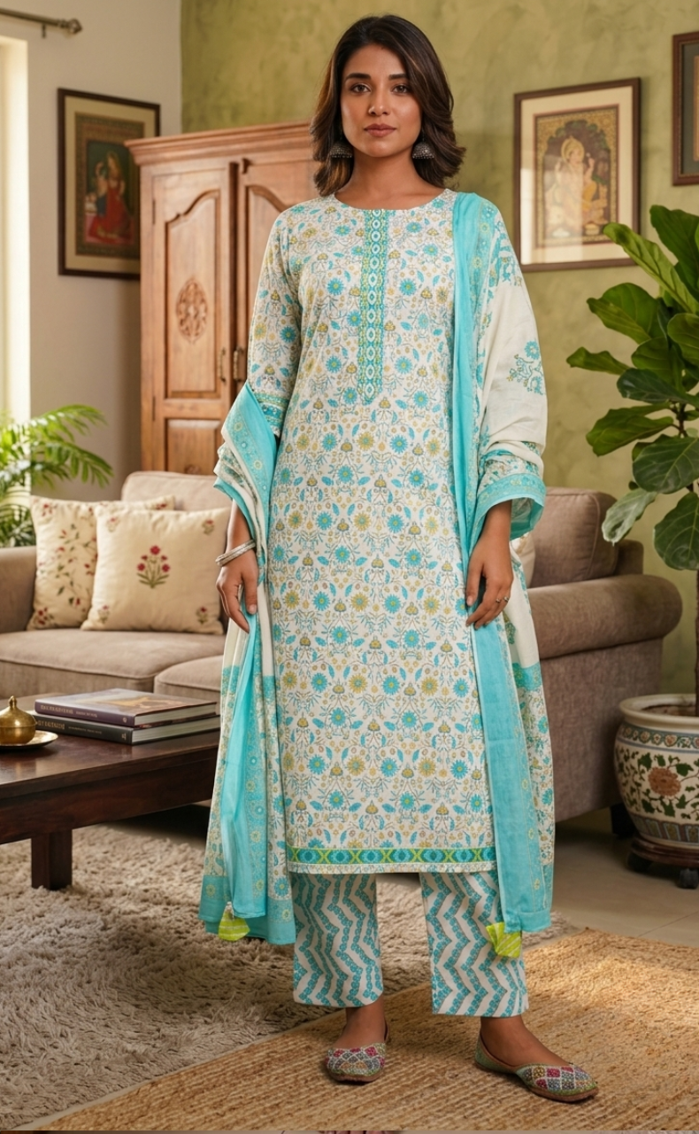Sea Green Garden Jaipur Cotton Kurti With Pant And Dupatta Set. Pure Versatile Cotton. | Laces and Frills