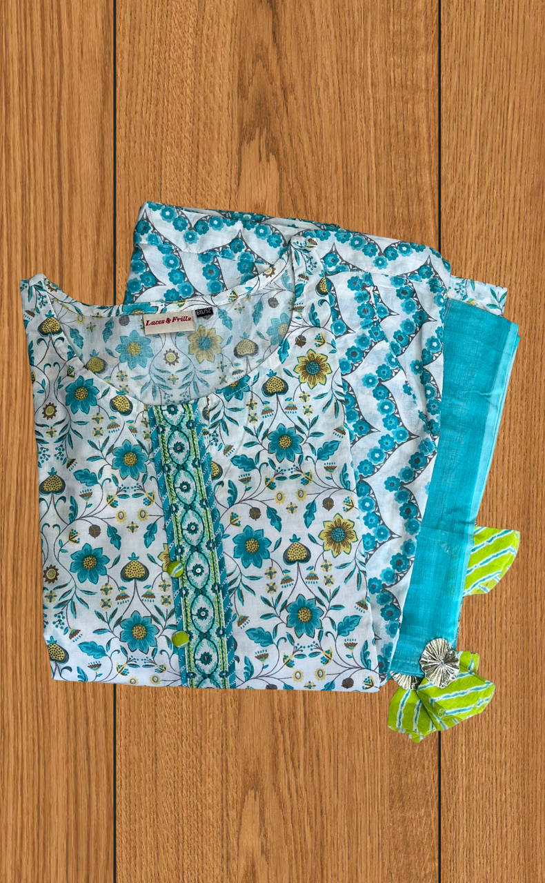 Sea Green Garden Jaipur Cotton Kurti With Pant And Dupatta Set. Pure Versatile Cotton. | Laces and Frills