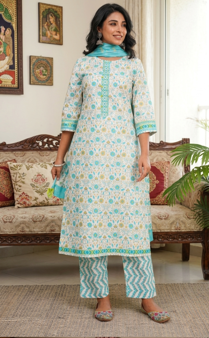 Sea Green Garden Jaipur Cotton Kurti With Pant And Dupatta Set. Pure Versatile Cotton. | Laces and Frills